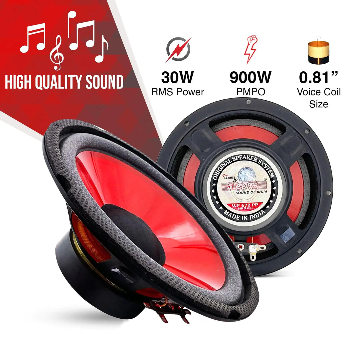Mandotos CoreBass 6-inch 300W car subwoofer showing the black speaker with mounting frame and wiring terminals
