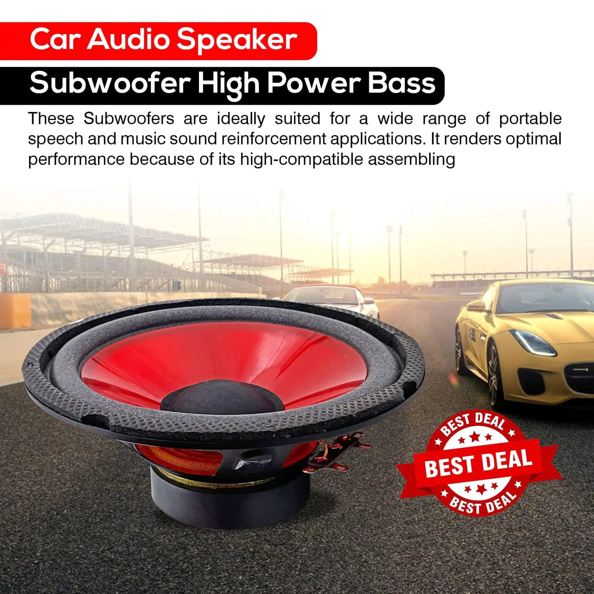 Mandotos CoreBass 6-inch 300W car subwoofer showing a black speaker with mounting brackets and wiring terminals.