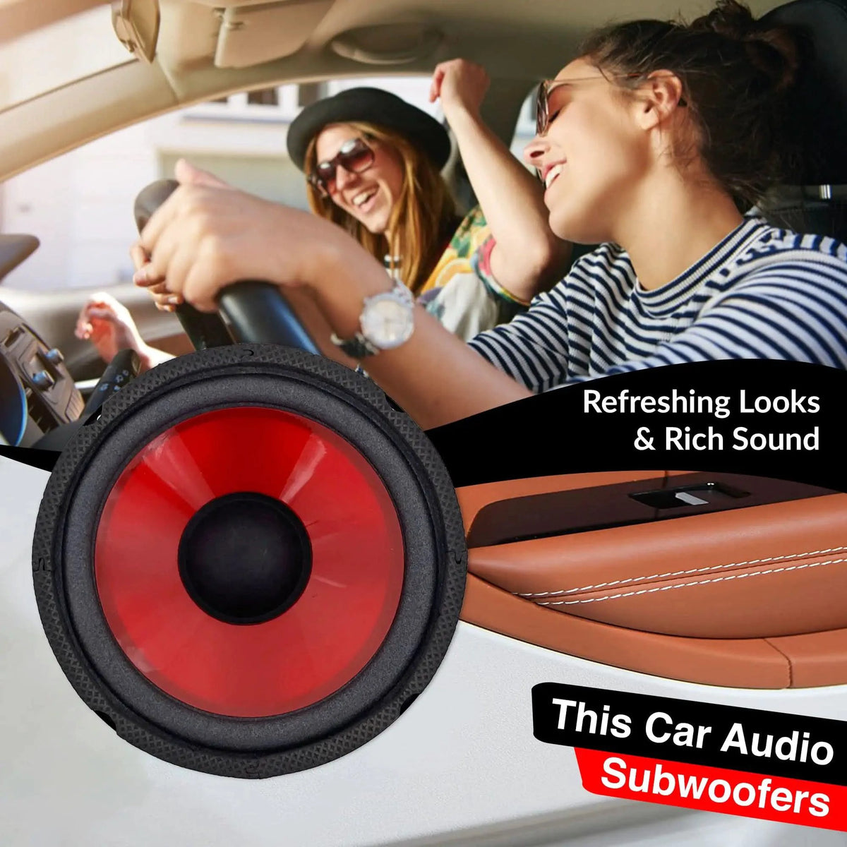 Mandotos CoreBass 6-inch 300W car subwoofer showcasing black speaker cone and mounting frame for powerful bass sound.