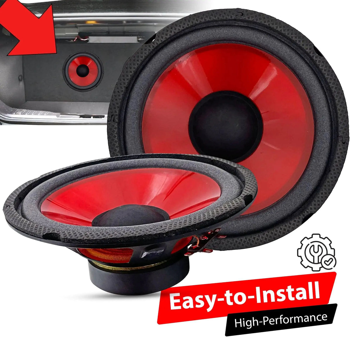 Mandotos CoreBass 6-inch 300W car subwoofer showing the black speaker with mounting bracket and wiring connectors.