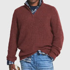 Mandotos Cozy Zip-Up Knit Sweater in soft wool with a front zipper, ribbed cuffs, and a comfortable fit.