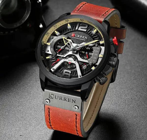 Mandotos Curren Chono 2022 Lux Watch with black dial, stainless steel strap, and chronograph features on a white background.