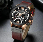 Mandotos Curren Chono 2022 Lux Watch with black dial, silver stainless steel band, and chronograph features.