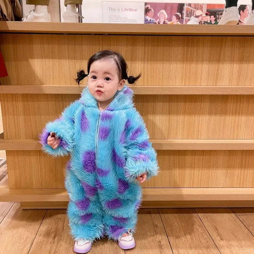 Mandotos cute animal baby jumpsuit with hood and zipper, soft and cozy, featuring adorable animal design for infants.