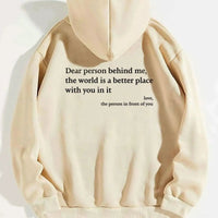 Mandotos women's plush hoodie with printed message, kangaroo pocket, drawstring hood, and trendy unisex design.