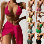 Mandotos 3-piece halterneck bikini swimsuit set with mesh skirt, featuring a stylish swim top, bottom, and matching cover-up.