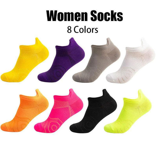 Eight pairs of MANDOTOS women's running socks with cushioning, breathable fabric, and anti-odor features for outdoor sports, cycling, and hiking.