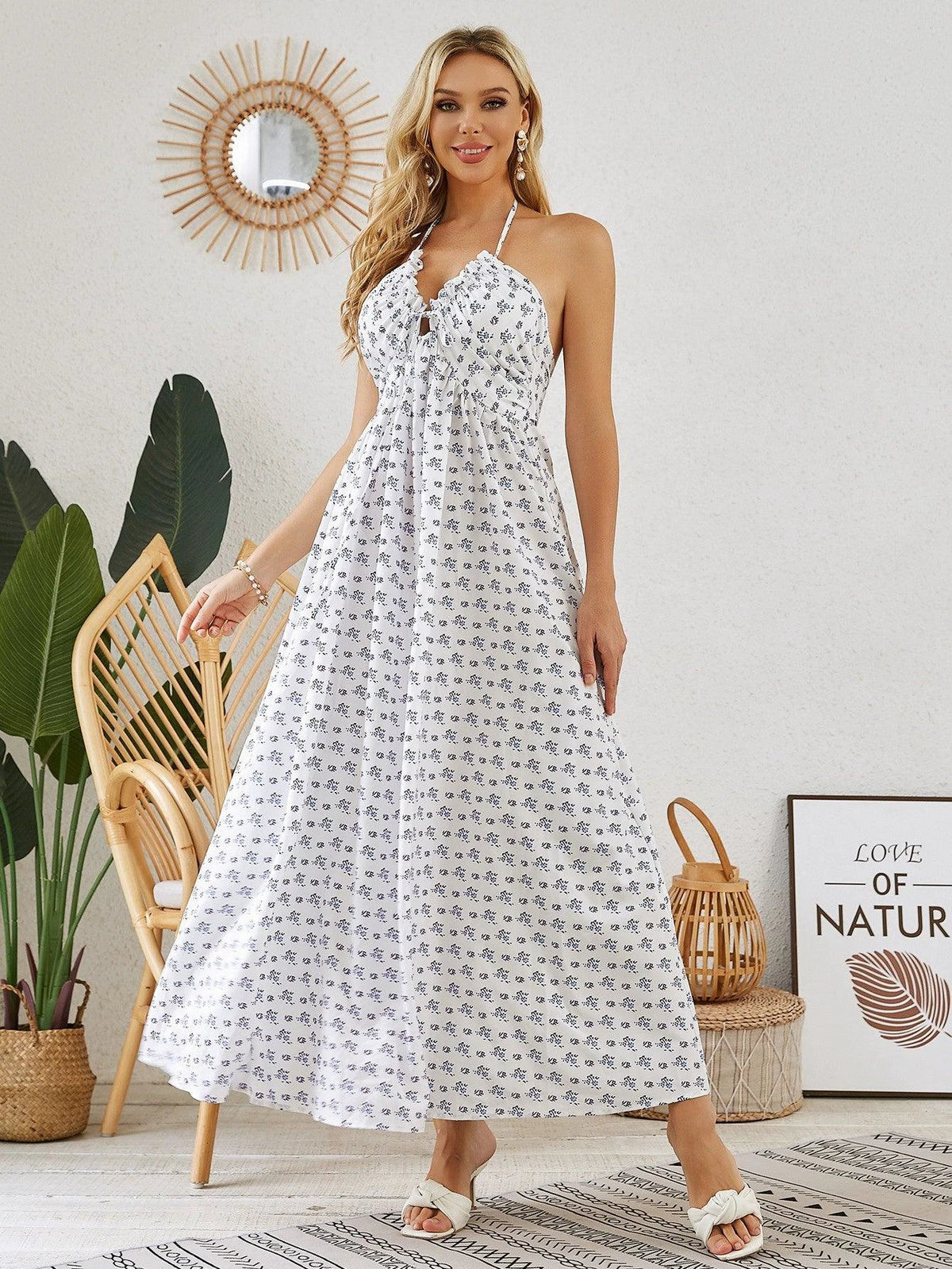 Mandotos bohemian halter maxi dress for women, sleeveless and flowy, ideal for summer beachwear with a relaxed boho style.