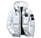 Camouflage men's hooded winter parka by Mandotos, slim fit, windproof and warm, suitable for casual outdoor adventures.