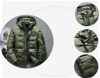 Camouflage men's hooded winter parka by Mandotos, slim fit, windproof and warm, ideal for casual outdoor adventures.