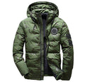 Camouflage men's hooded winter parka by MANDOTOS, slim fit, windproof and warm, ideal for casual outdoor adventures.