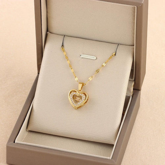 Double-layer love necklace by Mandotos featuring rhinestone accents and a titanium steel pendant, stylish and elegant jewelry piece