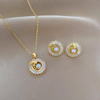 Mandotos fashion jewelry set with square full diamond personalized round ring, leaves necklace, and matching earrings.