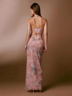 Mandotos floral print halter dress with butterfly back and spaghetti straps, stylish summer dress for women.