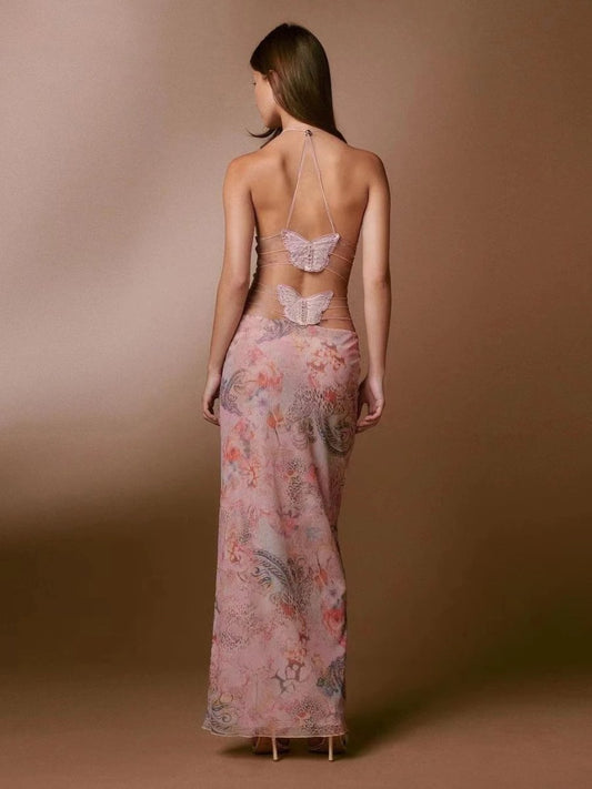 Mandotos floral print halter dress with butterfly back and spaghetti straps, perfect for summer or casual occasions.
