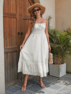 Mandotos French Romantic Cotton Maxi Dress featuring a flowing summer design with delicate lace and soft fabric.