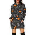 Mandotos Halloween print long hoodie with pockets, long sleeves, cozy sweater for women featuring festive Halloween design.