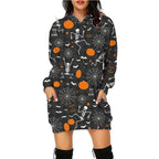 Mandotos Halloween print long hoodie with pockets, long sleeves, cozy sweater for women featuring festive Halloween design.