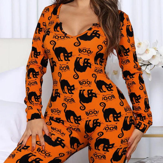 Mandotos Halloween printed long sleeve jumpsuit, cozy home pajamas with festive Halloween design, perfect for comfortable lounging.