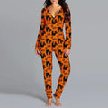 Mandotos Halloween printed long sleeve jumpsuit pajamas with spooky design, comfortable loungewear for festive nights.