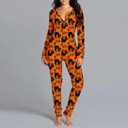 Mandotos Halloween printed long sleeve jumpsuit pajamas with spooky design, comfortable loungewear for festive nights.