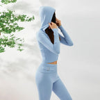 Mandotos women's hoodie suit set with zip front sweater and high-waist long pants, casual and stylish leisure wear.