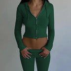 Mandotos women's hoodie suit with zip-up long sleeve sweater and high-waist long pants set, ideal for leisure and casual wear.