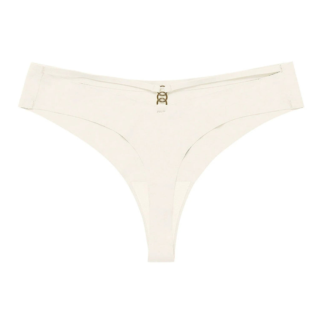 Mandotos Ice Silk G-String Thong Set for Women with seamless low-waist fit and hollow-out T-back design, confident and sexy lingerie.