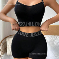 Mandotos women's love letter waist head camisole paired with matching boyshorts, stylish and comfortable sleepwear set.