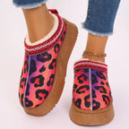 Mandotos Christmas cartoon print plush-lined slip-on navy ankle boots for women, indoor home shoes with a cozy, festive design.