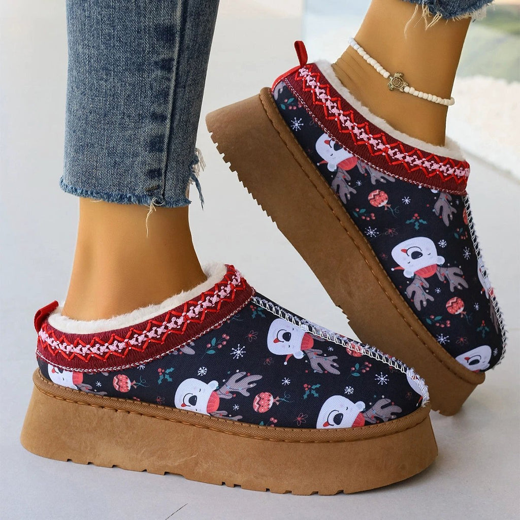 Mandotos navy Christmas cartoon print plush-lined slip-on ankle boots for women, indoor home shoes with cozy comfort.