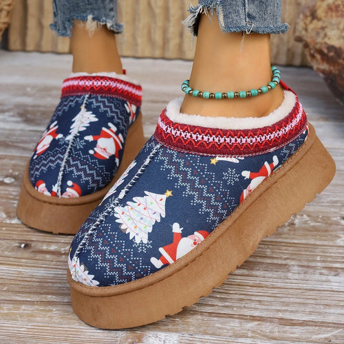 Navy Mandotos Christmas cartoon print plush-lined slip-on ankle boots for women, indoor home shoes with cozy, festive design.