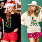 Mandotos Christmas Tree sweatshirt for women featuring a festive holiday design, long sleeve hoodie, cozy winter pullover.