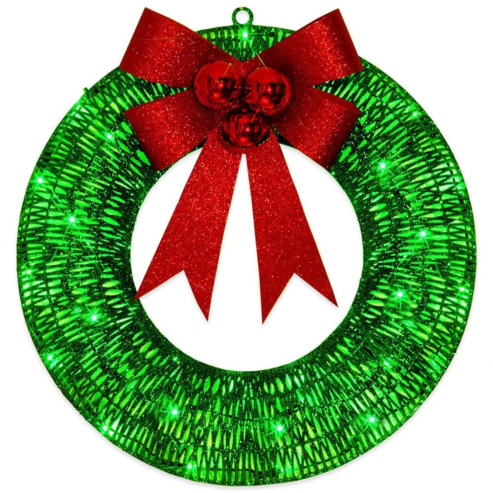 Mandotos Christmas wreath with luminous LED lights, metal garland, and bowknot for front door decoration, 50cm diameter.