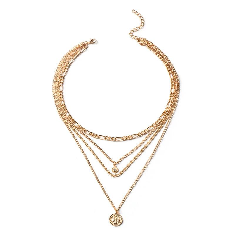 Mandotos chunky gold layered necklace with coin pendant and sun charm, stylish jewelry for women.