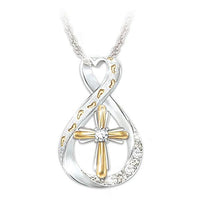 Mandotos Cross Footprint Diamond Pendant Necklace with two-tone gold finish, featuring a cross and footprint design.