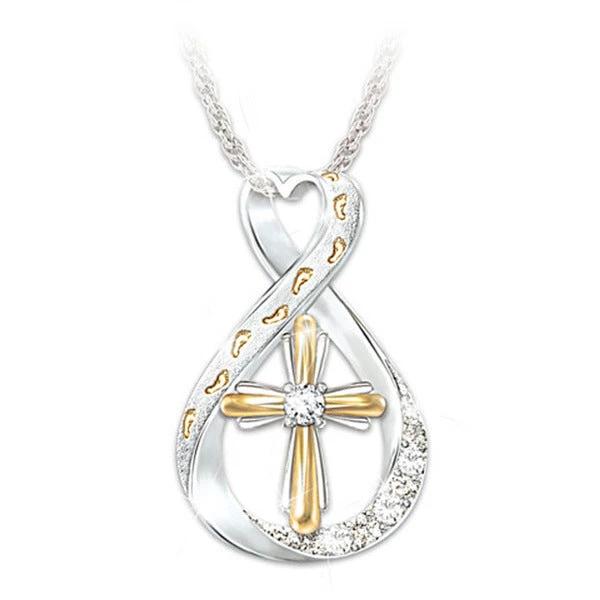Mandotos Two Tone Cross Footprint Diamond Pendant Necklace featuring a detailed cross and footprint design.