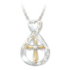 Mandotos Cross Footprint Diamond Pendant Two Tone Necklace featuring a cross and footprint design with sparkling diamonds.