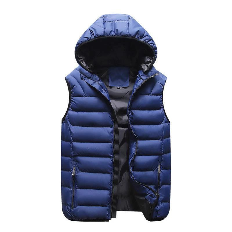 Mandotos blue sleeveless puffer vest jacket with down cotton filling, velvet lining, hood, and winter outerwear design.