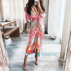 Mandotos long sleeve shirt dress with European and American print, lace-up front, button closure, and casual style.