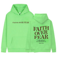 Unisex brown Christian hoodie by Mandotos featuring Psalm 118:6 "Faith Over Fear" Bible verse design.