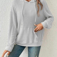 Mandotos women's knit hoodie sweatshirt with pockets, drawstring, long sleeves, solid color, and sunken stripe knitwear design.