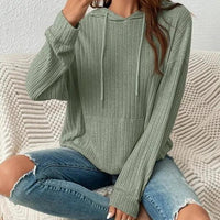 Mandotos women's knit hoodie sweatshirt with pockets, drawstring, long sleeves, solid sunken stripe knitwear for casual wear.