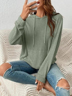 Mandotos women's knit hoodie sweatshirt with pockets, drawstring, long sleeves, solid sunken stripe knitwear for casual wear.