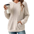 Mandotos women's knit hoodie sweatshirt with drawstrings, long sleeves, pockets, and sunken stripe design in solid color.