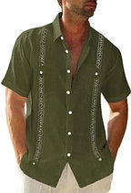 Men's Guayabera Cuban shirt by MANDOTOS, casual short sleeve streetwear with printed design and lightweight fabric.