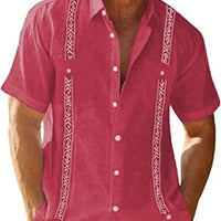 Men's Guayabera Cuban shirt by MANDOTOS, casual short sleeve printed streetwear, showcasing lightweight fabric and vibrant design.