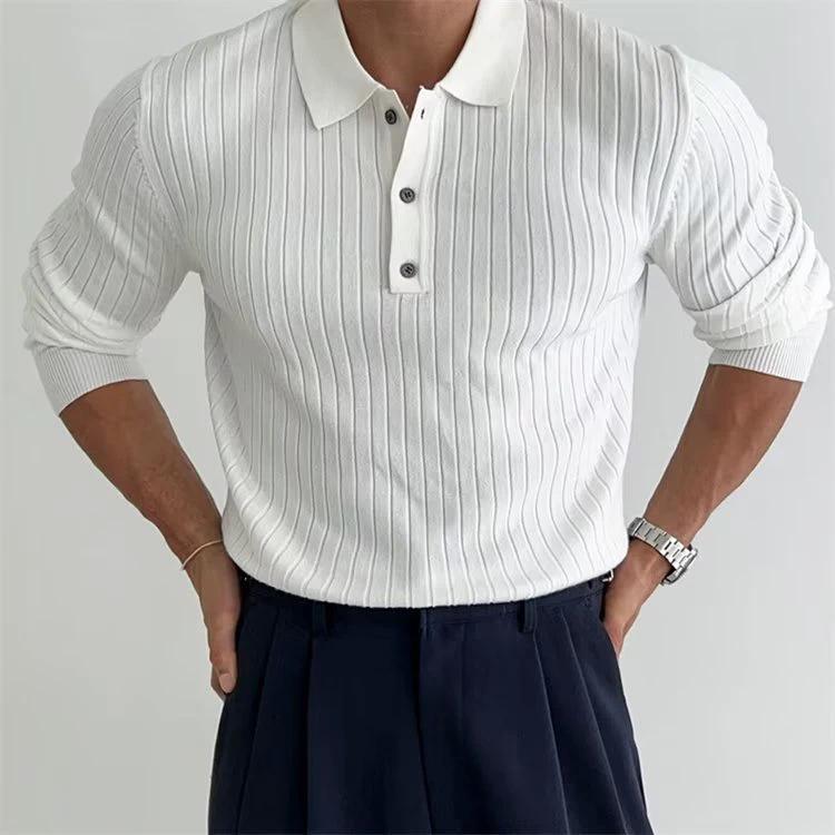 Men's long sleeve slim fit polo shirt with lapel collar and button detail by MANDOTOS, shown in a casual style.