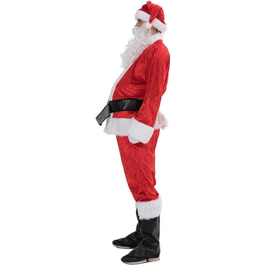 Mandotos Premium Complete Santa Claus costume suit with red coat, white beard, and accessories for festive dress-up.