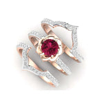 Mandotos rose gold flower ring with intricate design, perfect as an engagement or wedding band set.